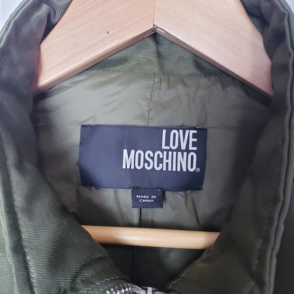 NWT Love Moschino EU 40 Satin Look Padded Jacket Pockets Full Zip In Olive Green - Picture 3 of 11